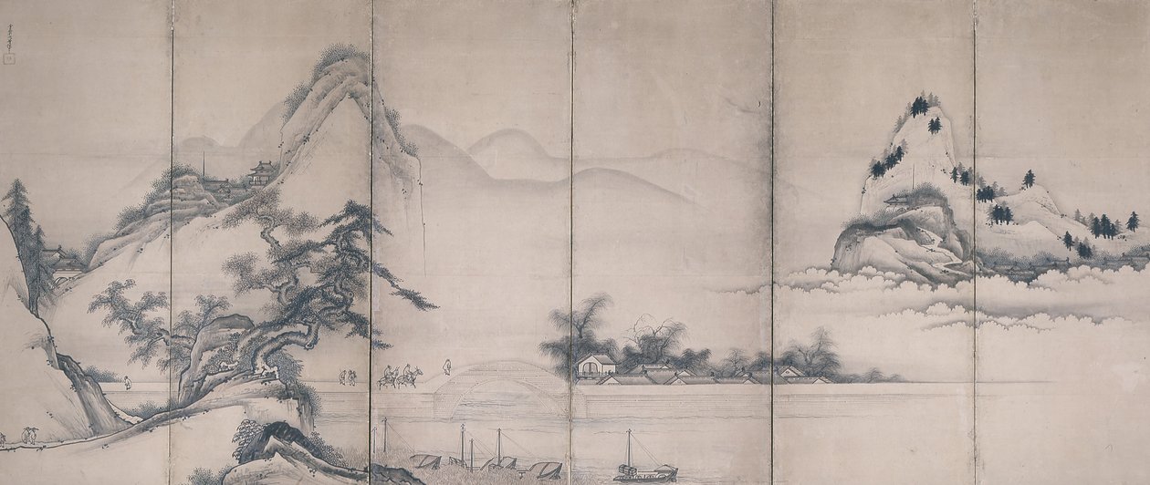 Voyageurs sur un pont au bord du lac - Toetsu Toetsu