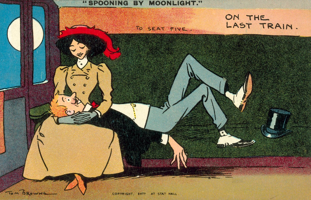 Spooning by Moonlight, On The Last Train (lithographie couleur) - Tom Browne