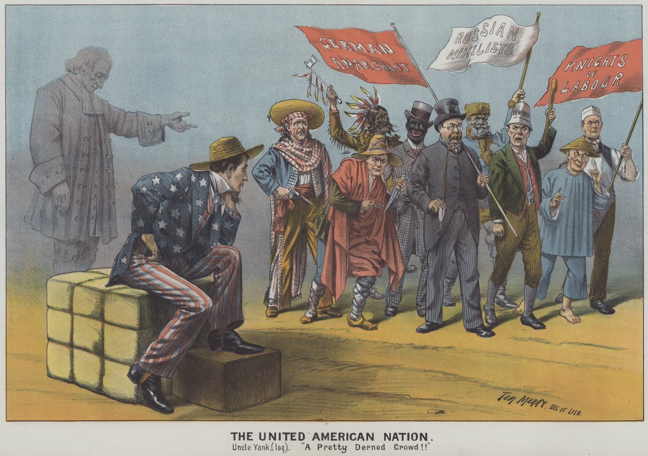 The United American Nation, satire sur la diversité des immigrants dans la société américaine du XIXe siècle (lithographie couleur) - Tom Merry