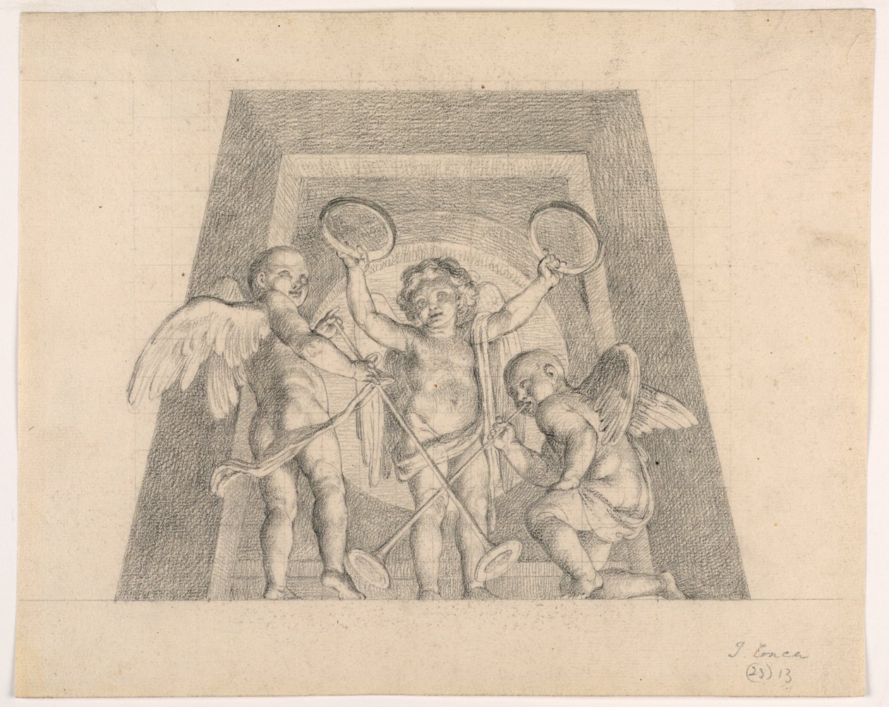 Trois putti avec tambourins et trompettes, conception pour la lunette de la Sala delle Muse, Musée Pio-Clementino, Vatican - Tommaso Maria Conca