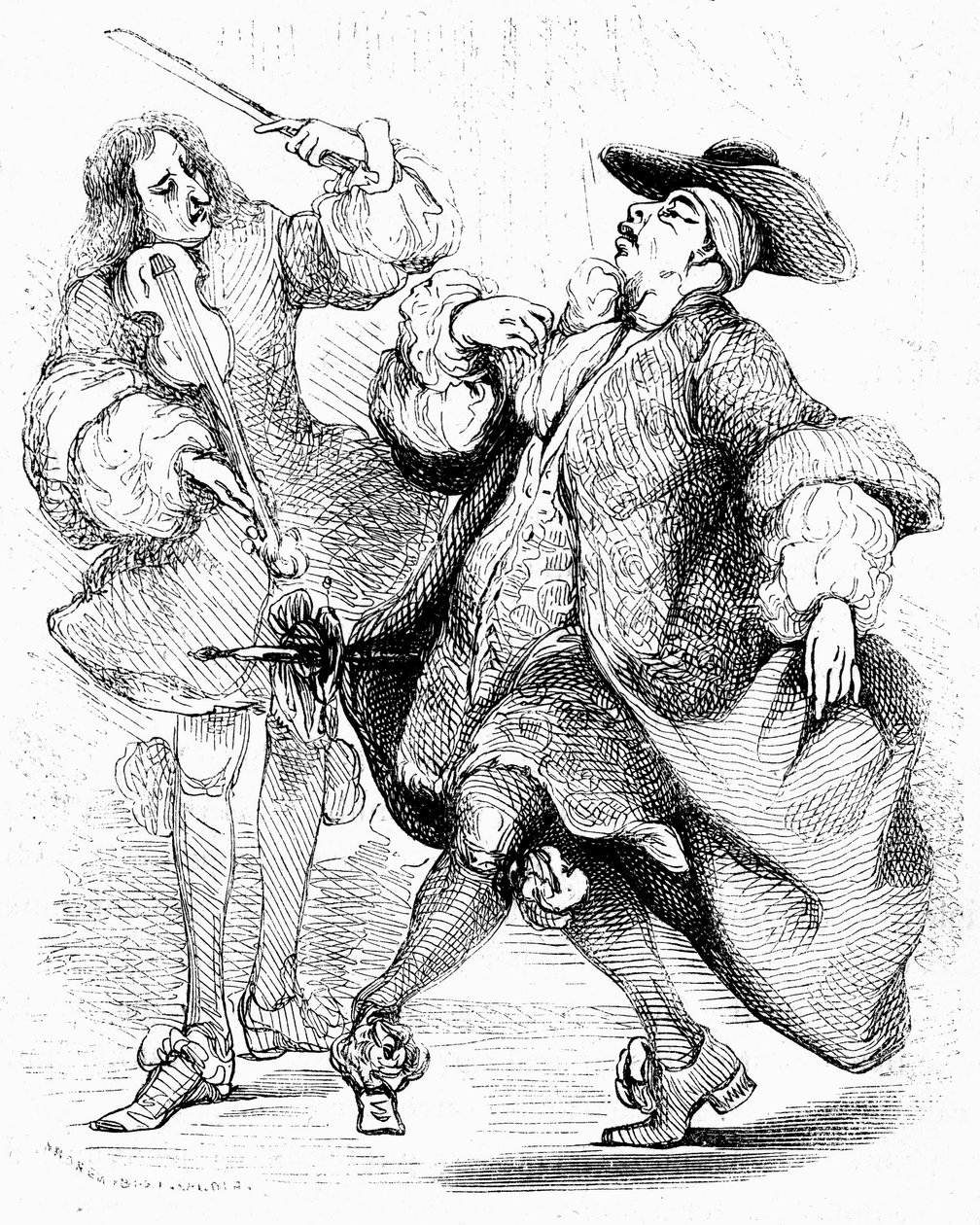 Molière : Le bourgeois gentilhomme, M. Jourdain danse sous la direction de son maître de musique. Gravure de Tony Johannot dans l