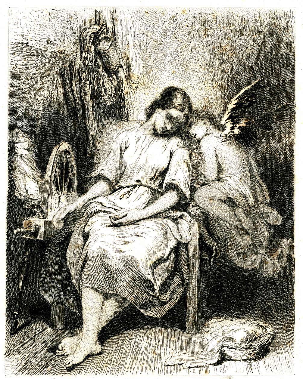 Jeune femme (fileuse) dormant près de sa roue - un angelot penché sur son épaule - sommeil - rêve - rêverie - amour - gravure (eau-forte 1845) par Tony Johannot (Antoine Johannot dit) - Tony Johannot