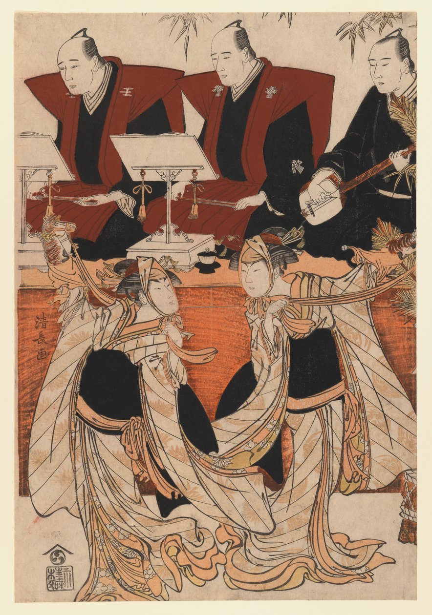 Deux acteurs en tant que Iwai Hanshiro IV et Segawa Kikunojo III dans la danse Karukoma, accompagnés par la récitation Joruri, vers 1783 - Torii Kiyonaga