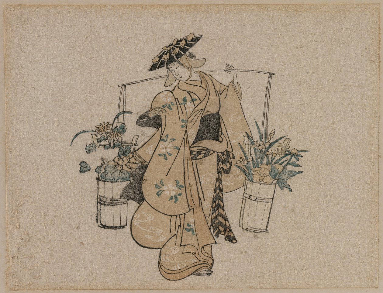 Une beauté portant deux seaux de fleurs - Torii Kiyomasu