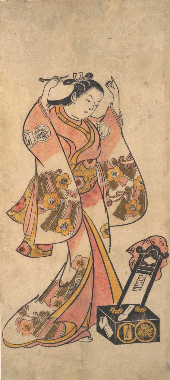Sanjo Kantaro en tant que femme arrangeant ses cheveux devant un miroir laqué, avant 1763 - Torii Kiyomasu II.