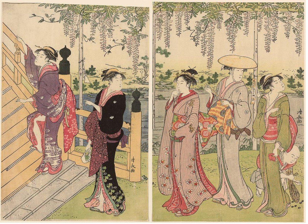 Admirer la glycine au sanctuaire Kameido - Torii Kiyonaga