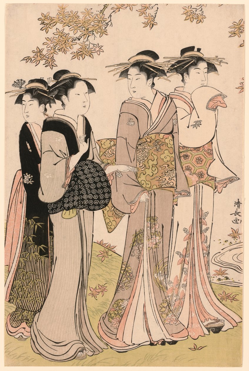 Beautés sous un érable, de la série "Une collection de beautés contemporaines des quartiers de plaisir (Tosei yuri bijin awase)" - Torii Kiyonaga