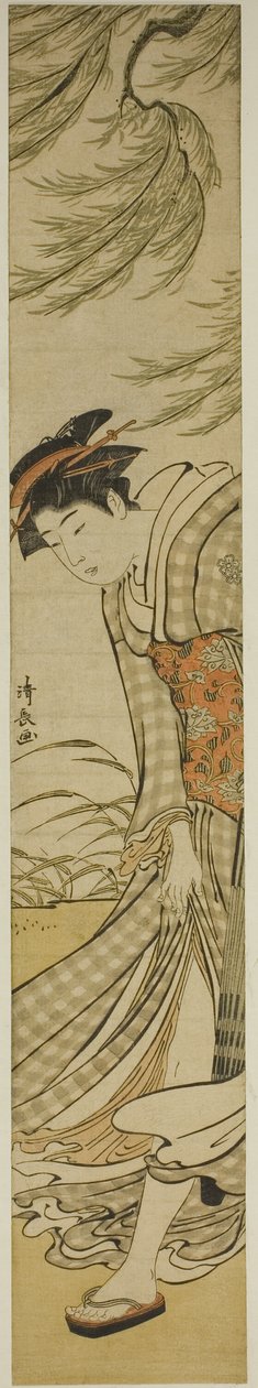 Courtisane marchant sous un saule par une journée venteuse - Torii Kiyonaga