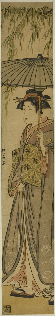 Geisha portant une ombrelle sous un saule - Torii Kiyonaga