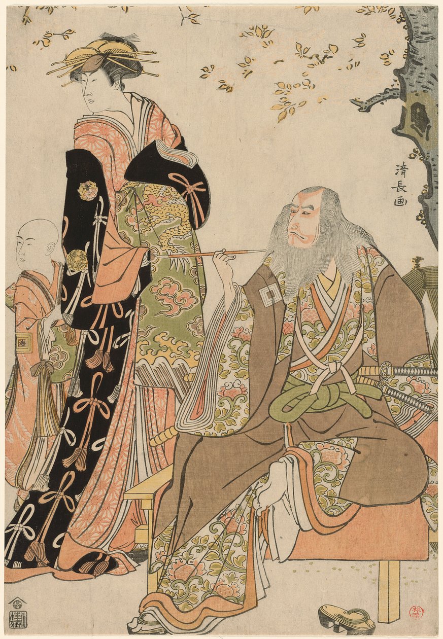 Les acteurs Ichikawa Danjuro V dans le rôle de Hige no Ikyu, Nakamura Riko dans le rôle d