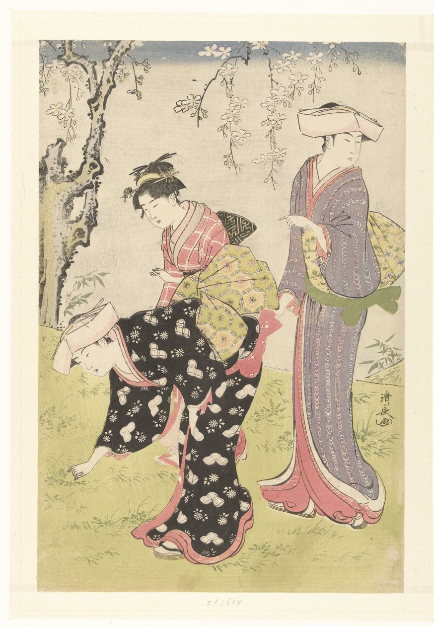 Deux femmes et une fille sous un cerisier en fleurs - Torii Kiyonaga