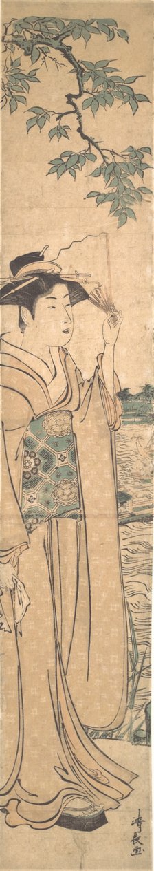 Femme avec éventail sur les rives de la rivière Sumida - Torii Kiyonaga