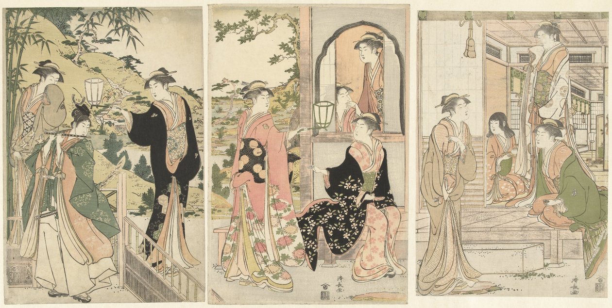 Yoshitsune apporte une sérénade à Joruri hime - Torii Kiyonaga