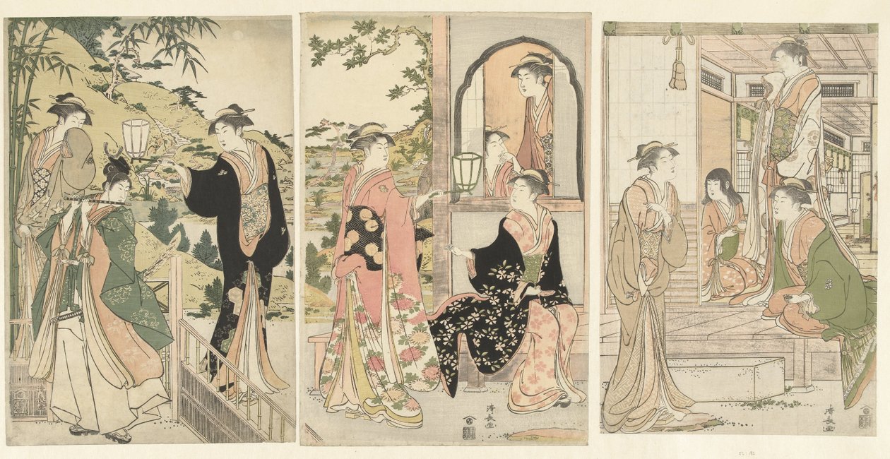 Yoshitsune apportant une sérénade à Joruri hime - Torii Kiyonaga