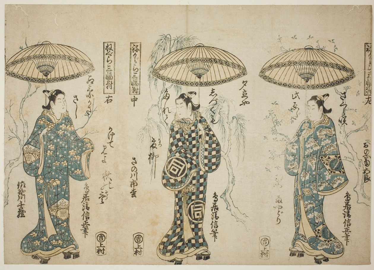 Les acteurs Onoe Kikugoro I (à droite), Sanogawa Ichimatsu I (au centre), et Sanogawa Senzo (à gauche), du triptyque "Negura sanpukutsui" - Torii Kiyonobu II