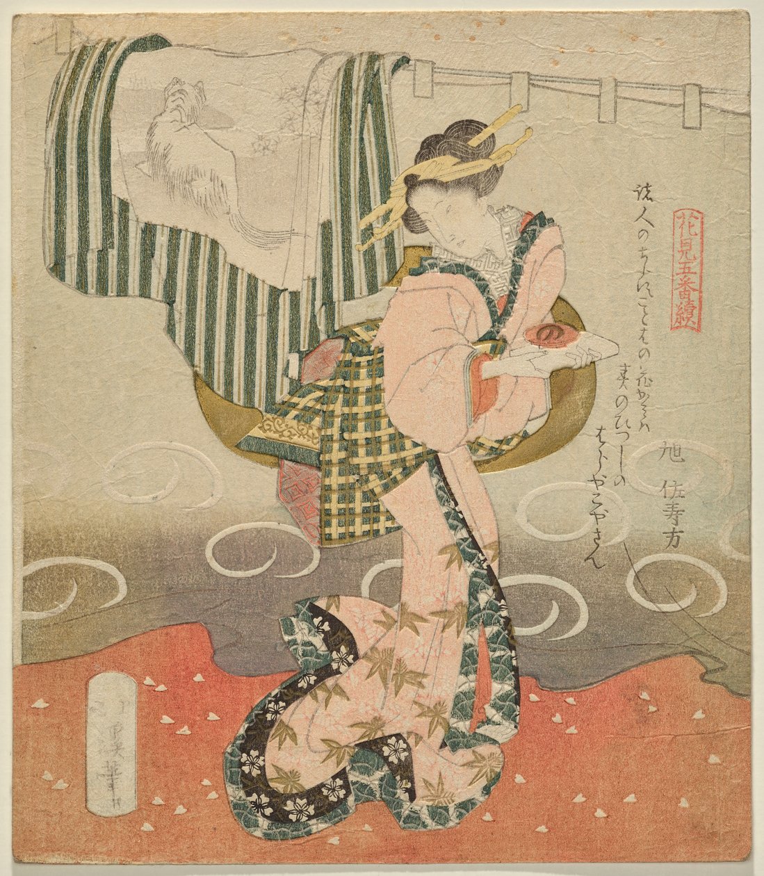 Femme tenant une coupe de saké devant un rideau et un kimono drapé (de Cinq Feuilles pour la contemplation des fleurs) - Totoya Hokkei