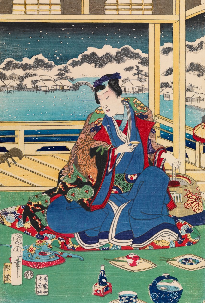 Genji regardant la neige depuis un balcon - Toyohara Kunichika