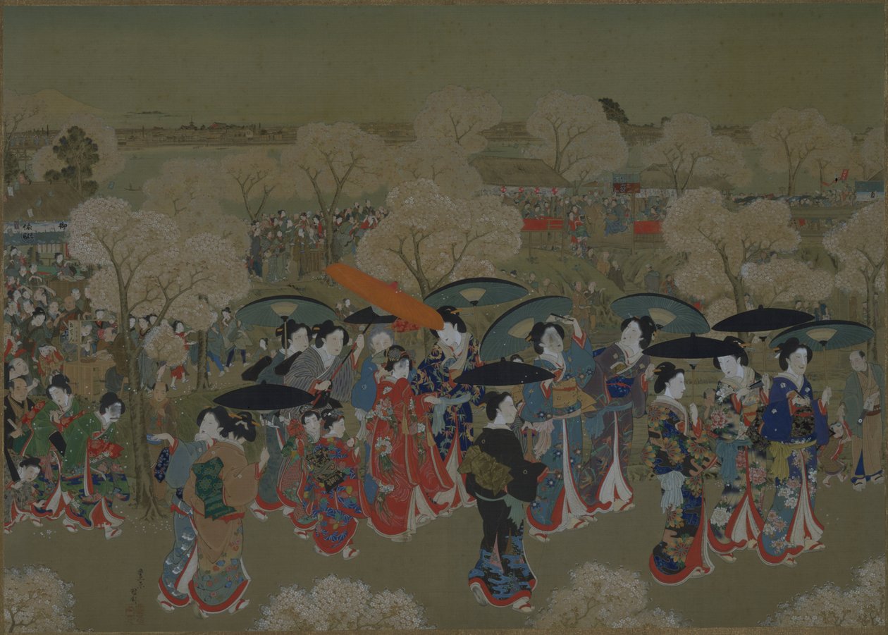 Beautés admirant les cerisiers en fleurs sur la rivière Sumida - Toyohara Kunichika