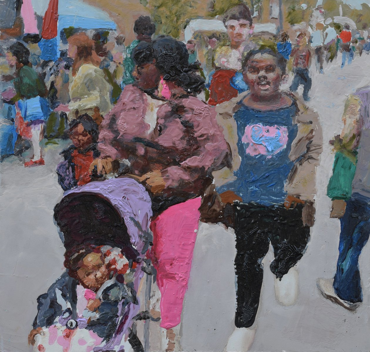 Courses en famille (Deptford, Londres), 2018 (huile sur panneau) - Trevor Burgess