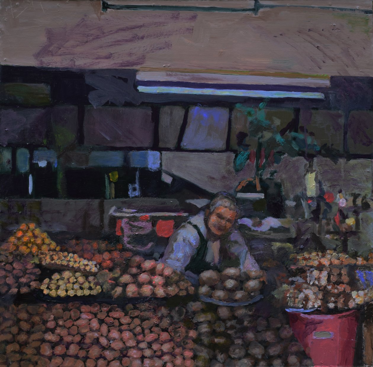 Étalage de pommes de terre (Quito, Équateur), 2015 (huile sur carton) - Trevor Burgess