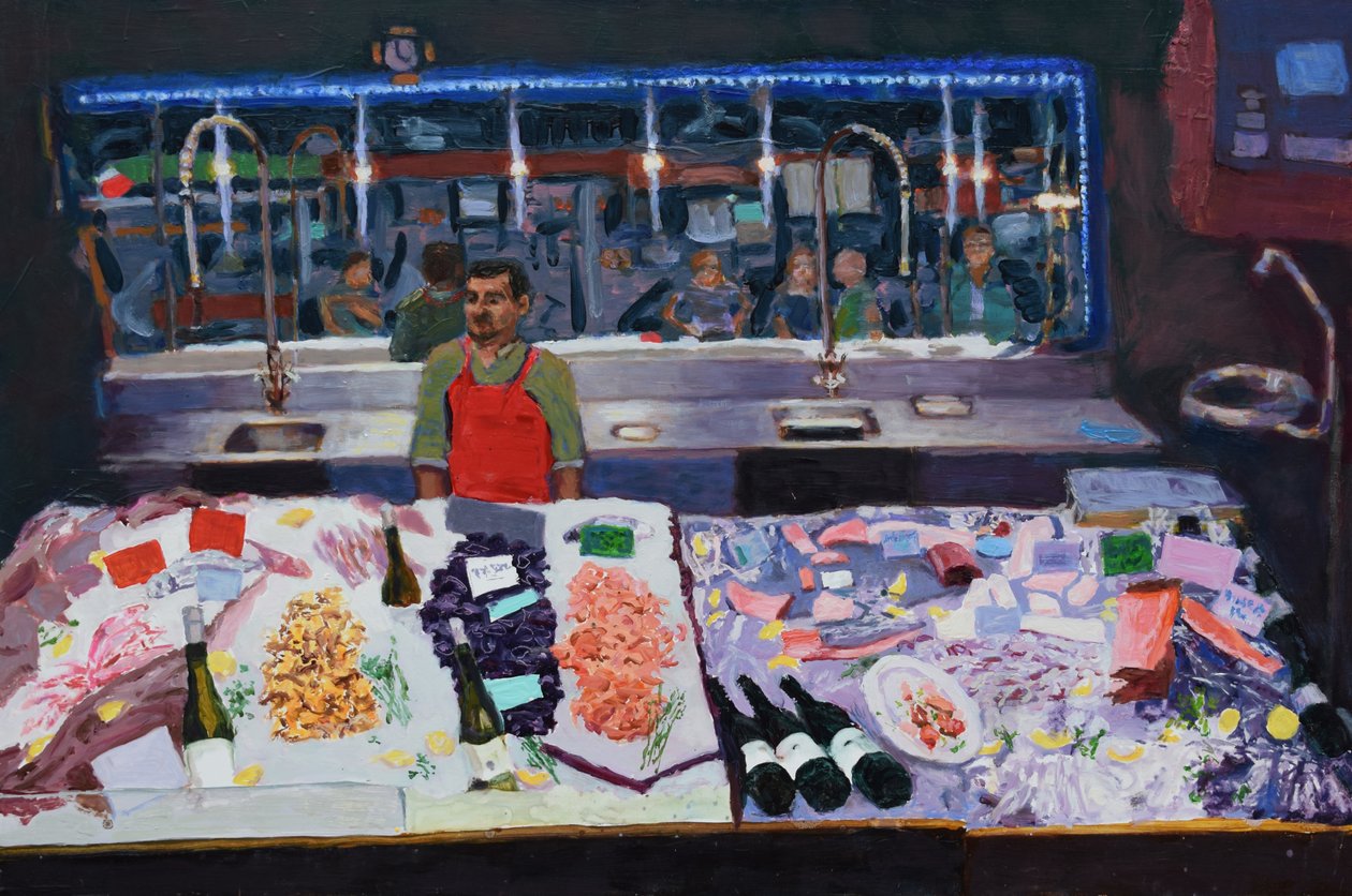 Comptoir de fruits de mer (Paris), 2016 (huile sur carton) - Trevor Burgess