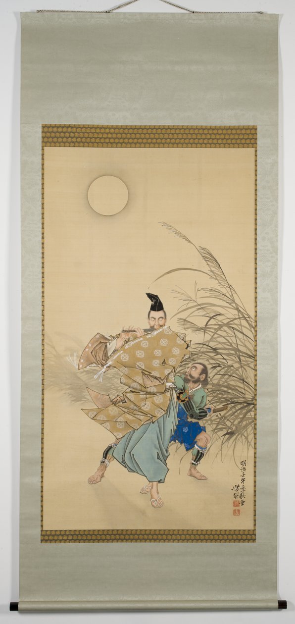 Fujiwara no Yasumasa jouant de la flûte au clair de lune, fin automne - Tsukioka Yoshitoshi