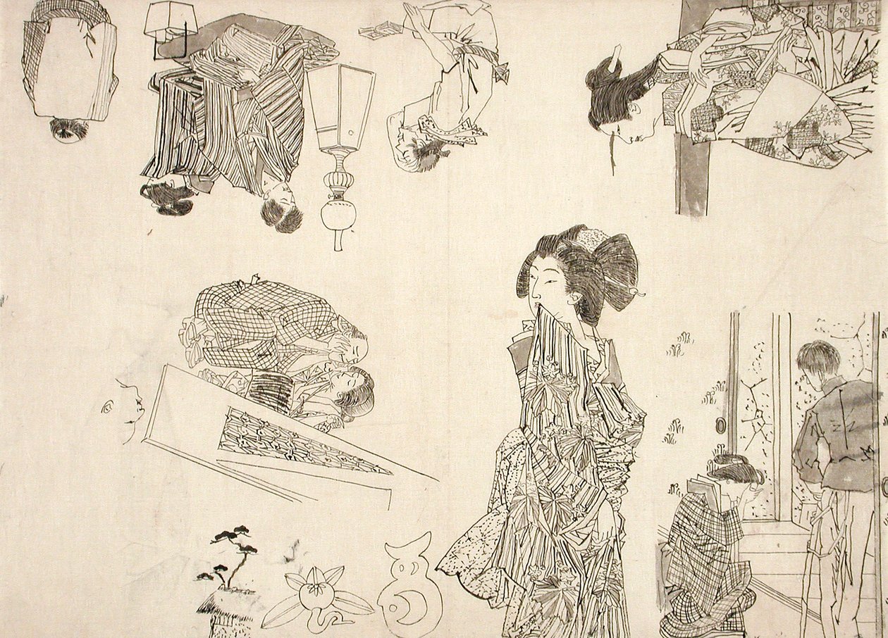 Dessins préparatoires pour des illustrations de mélodrames - Tsukioka Yoshitoshi