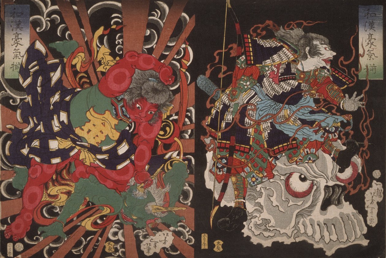 Guerrier sur un crâne et Kintoki maîtrisant un démon, de la série Valeur en Chine et au Japon - Tsukioka Yoshitoshi