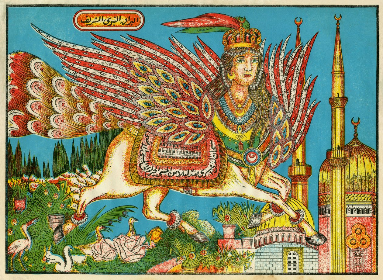 Al-Bourak (Al Bourak) (Buraq, Bouraq, Burak), cheval ailé avec tête de femme et queue de paon, sur lequel Muhammad, guidé par l