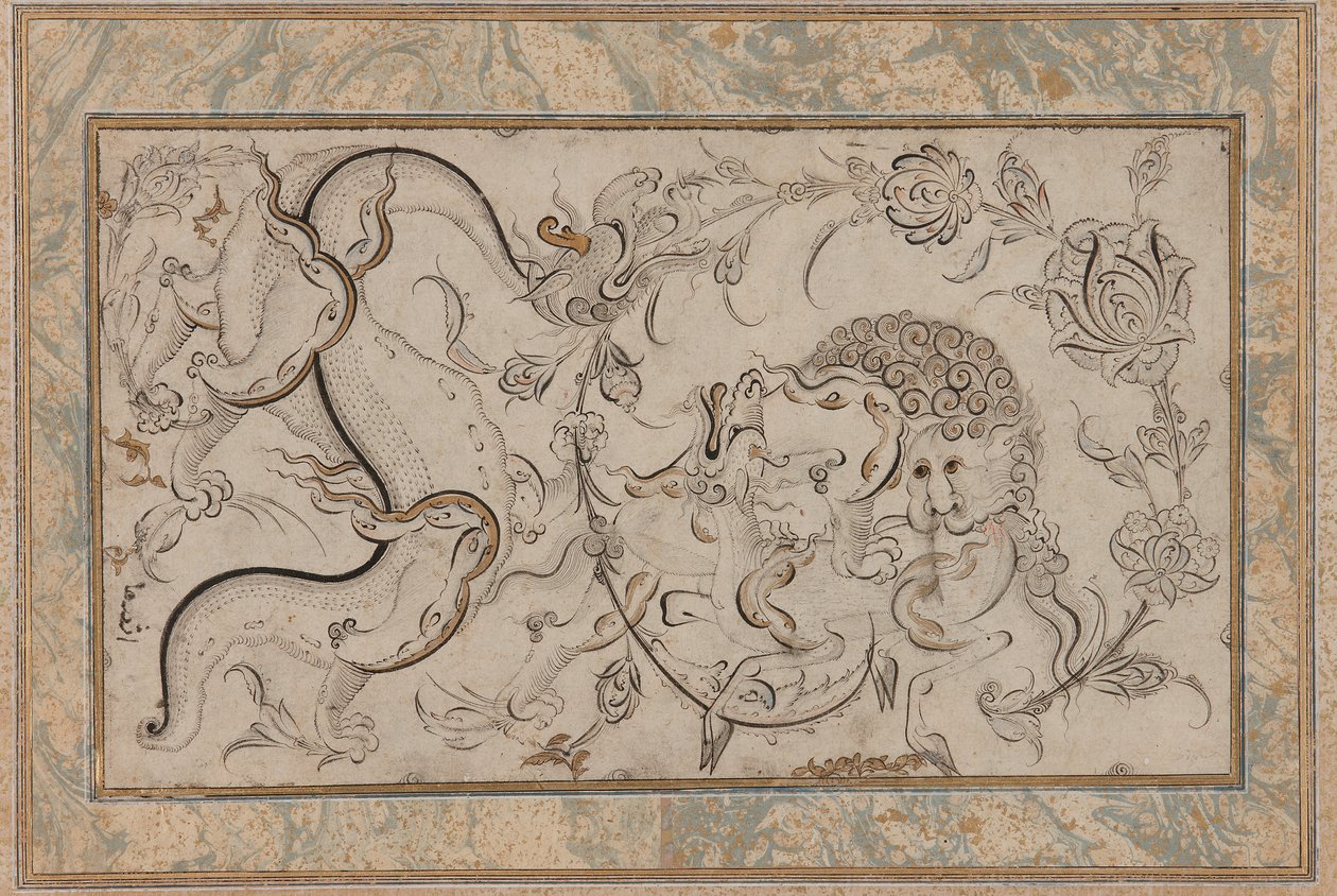 Lion, chi-lin et dragon dans des motifs floraux, période ottomane - Turkish School