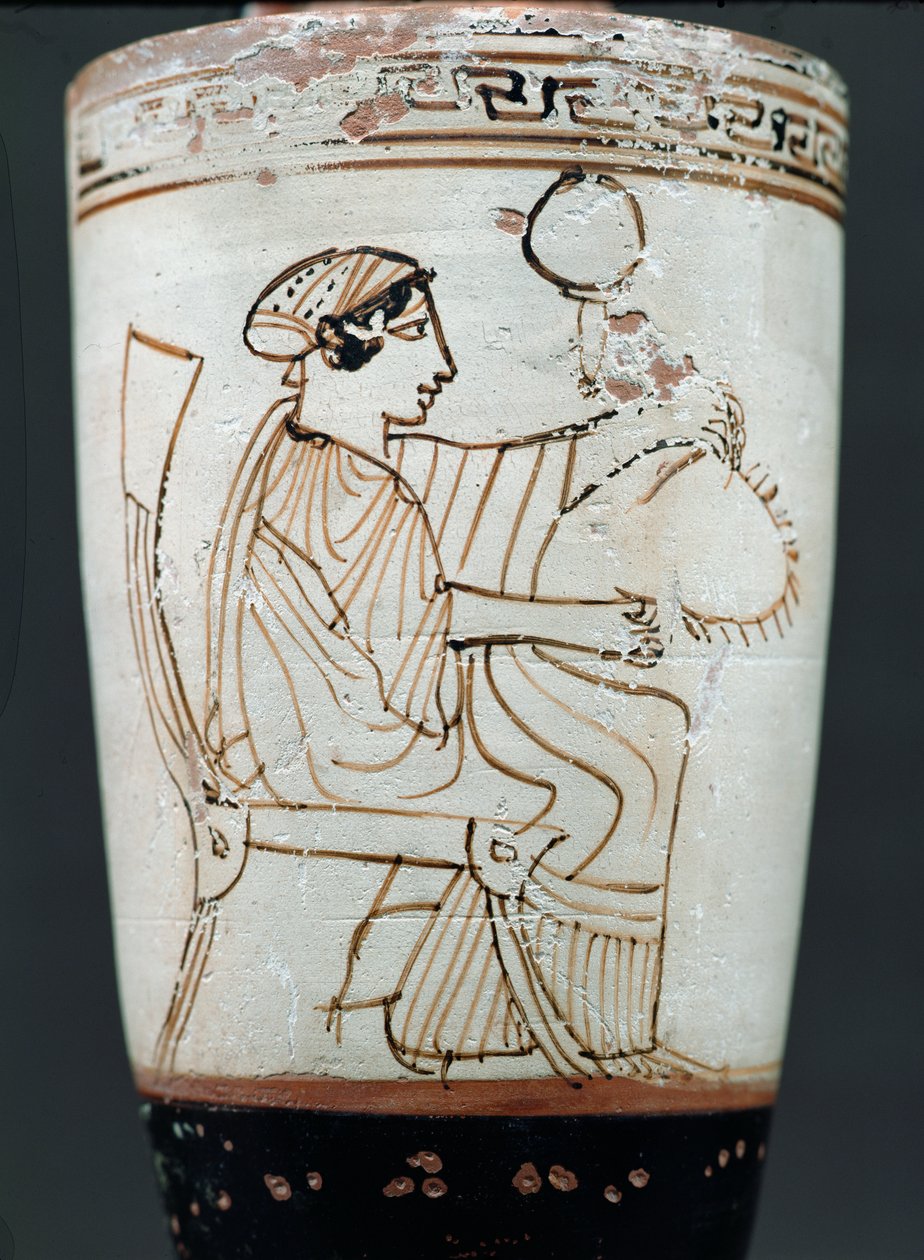Lécythe attique à fond blanc représentant une femme tressant une couronne, c.475-420 av. J.-C. (poterie) - Tymbos Painter