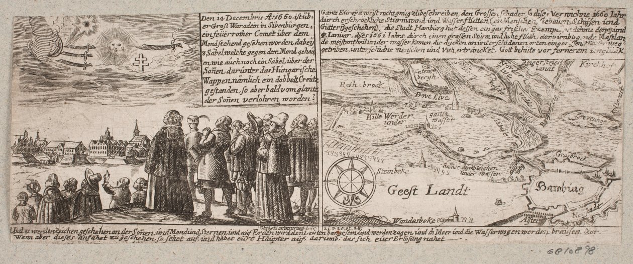Comète apparue à Grosswardein, Transylvanie, le 14 décembre 1660, et carte de la région de Hambourg lors de l