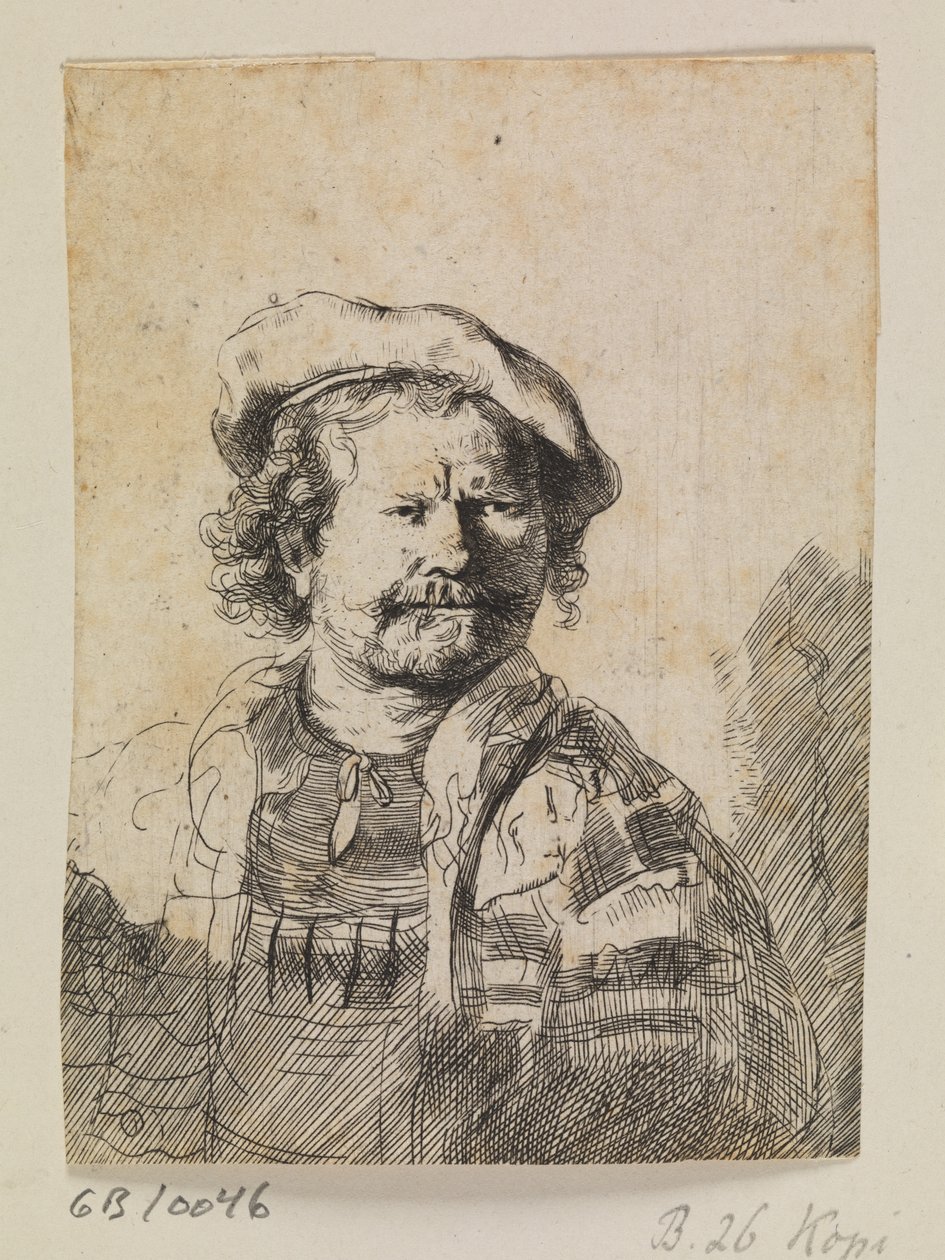 Rembrandt avec une casquette plate et une robe brodée - Ubekendt efter Rembrandt