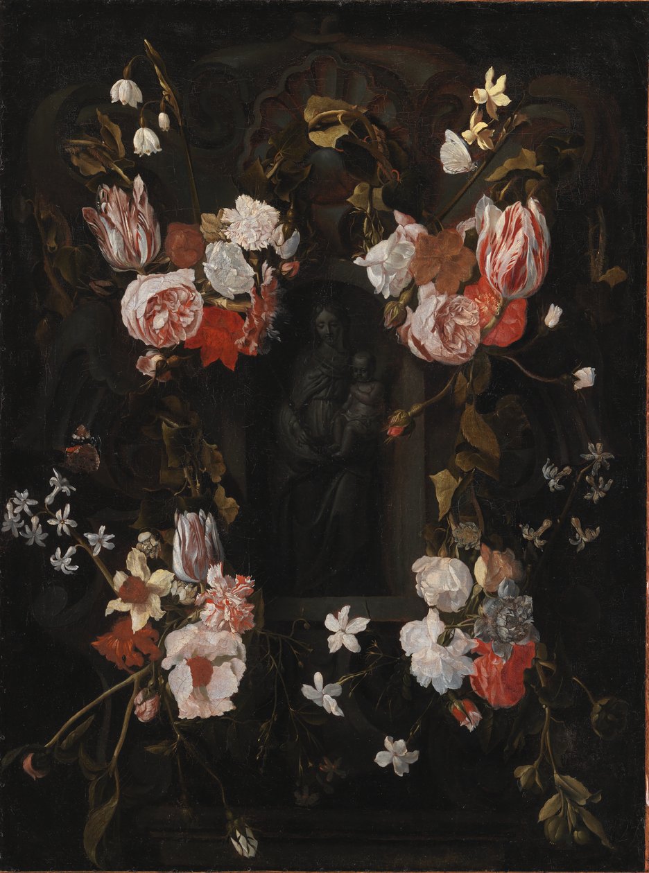 Cartouche en pierre avec la Vierge Marie et l