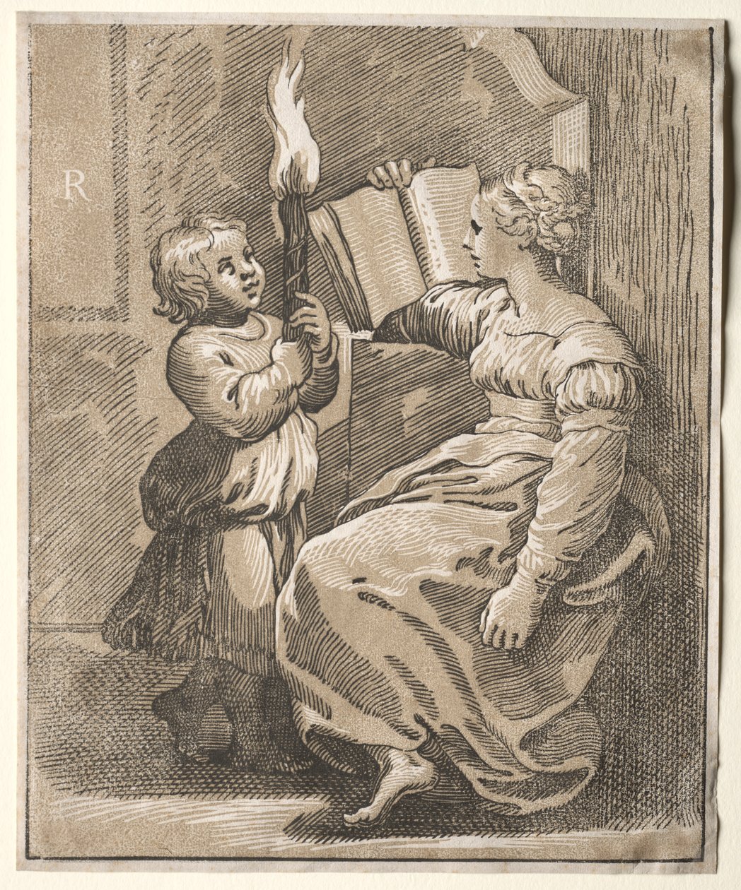 Sibylle lisant avec un enfant tenant une torche - Ugo da Carpi