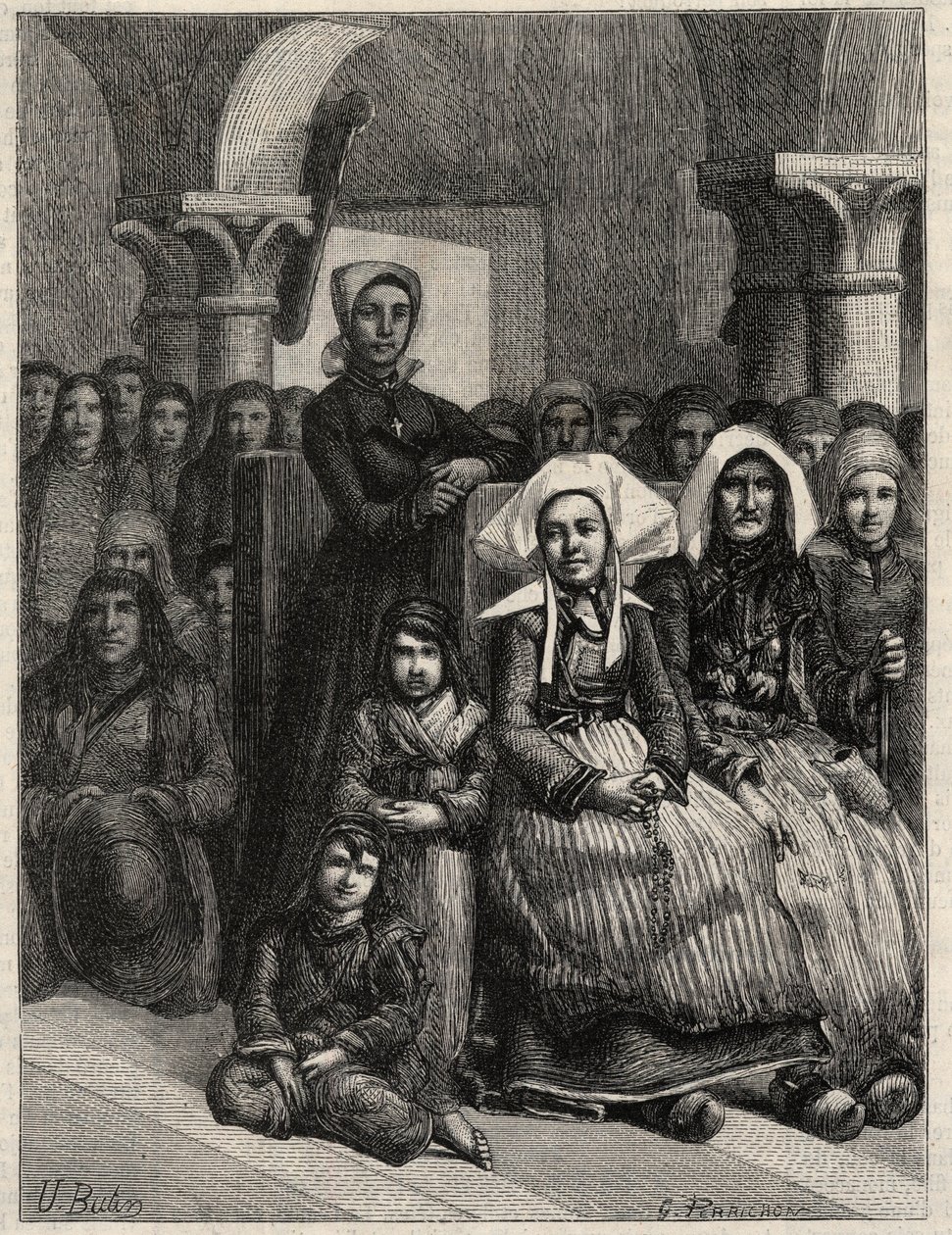 Un sermon dans une église en Bretagne, dessin de M.U. Loot. Gravure dans L