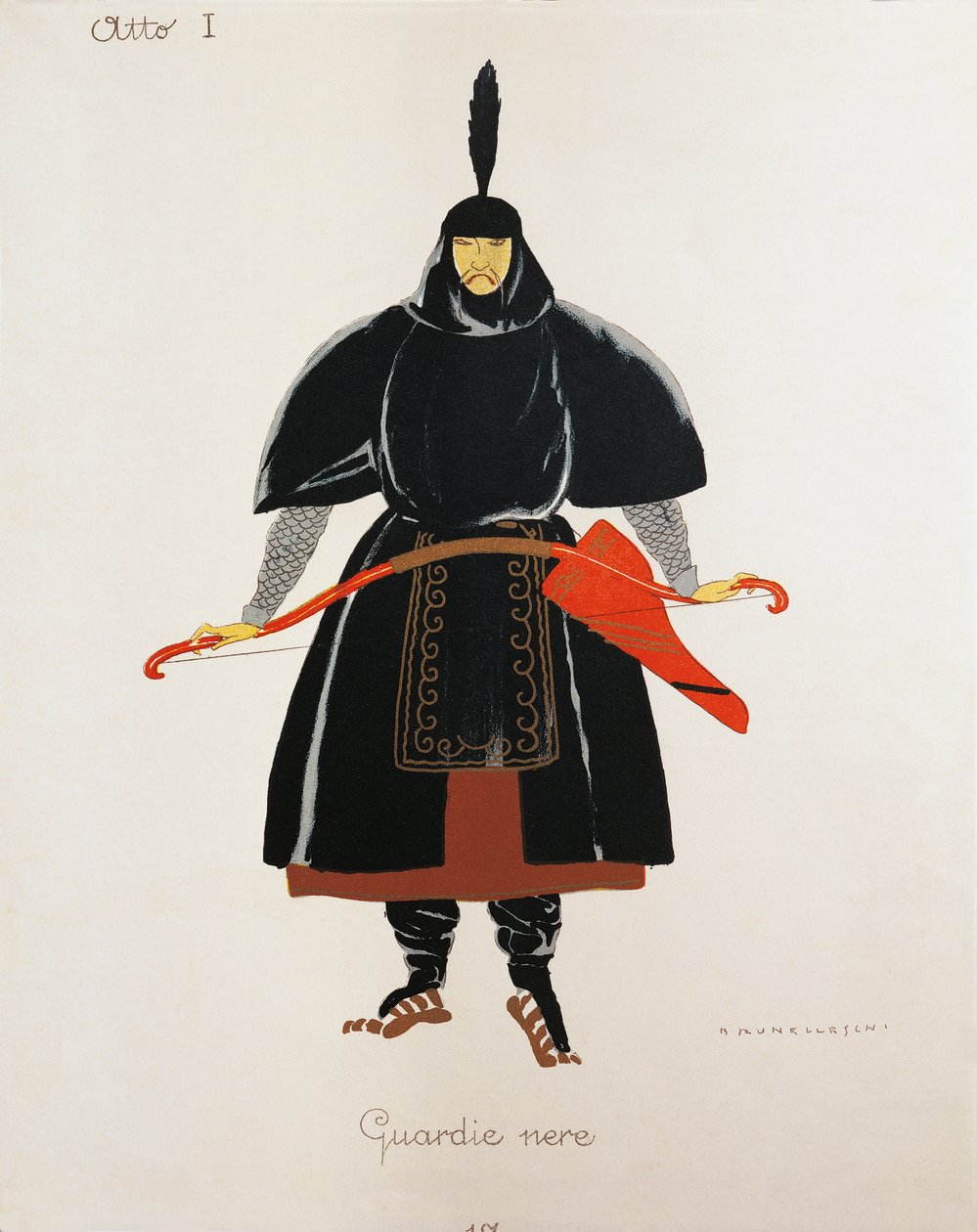 Costume pour les gardes noirs de Turandot par Giacomo Puccini, croquis de Umberto Brunelleschi (1879-1949) pour la première représentation de l