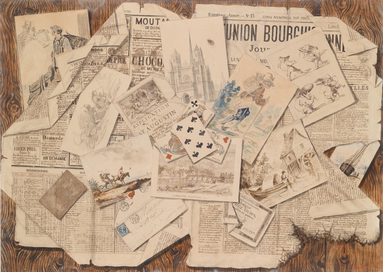 Collage avec aquarelles, cartes à jouer, graphiques et journaux devant un mur en bois - Unbekannt Unbekannt