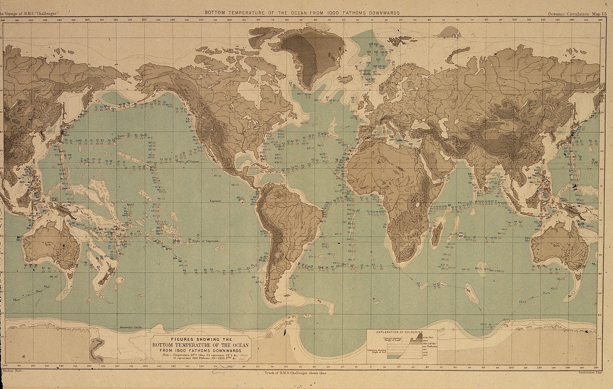 16 cartes illustrant les températures océaniques à différentes profondeurs, des Rapports de la croisière Challenger - Unbekannt