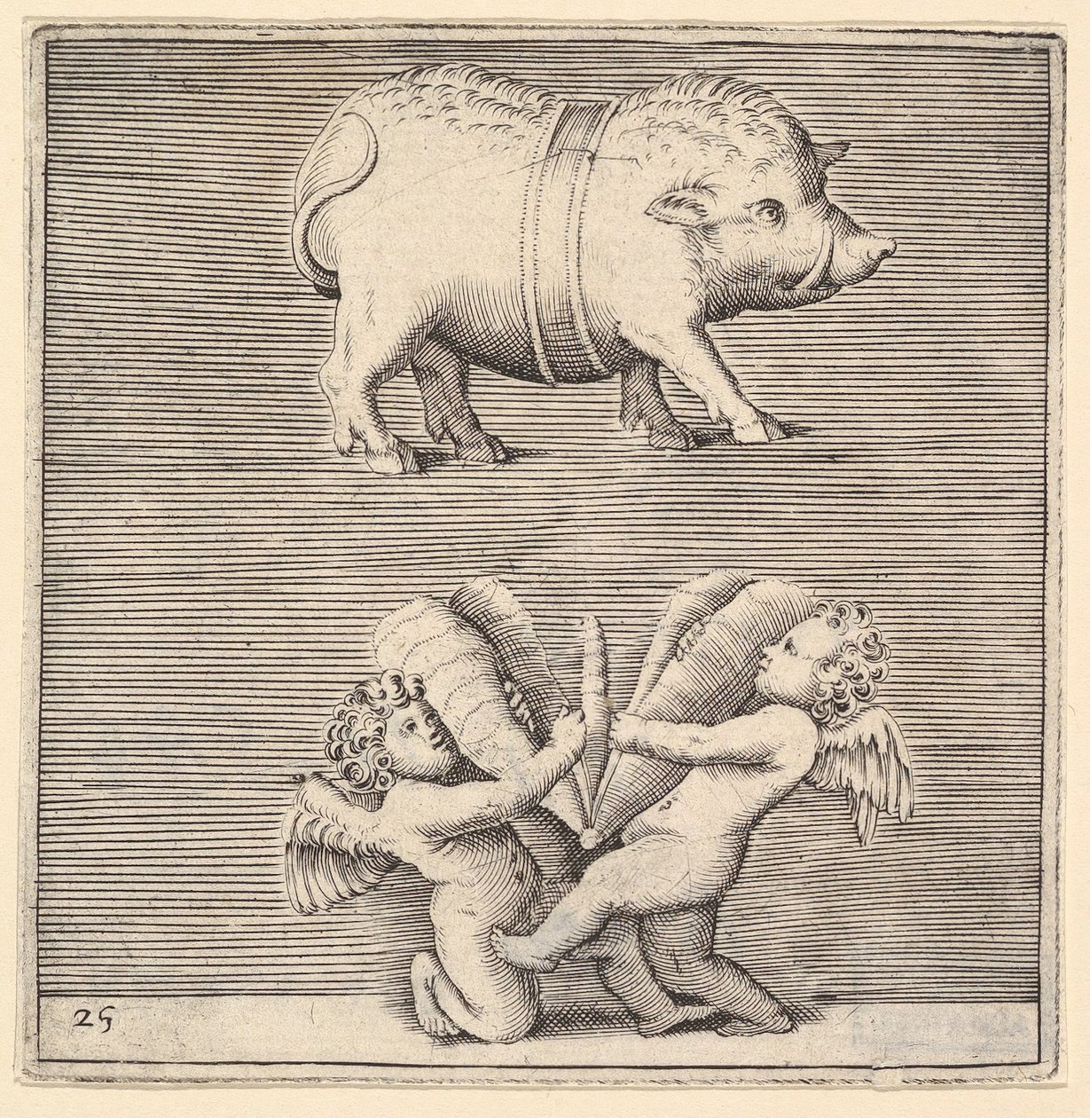 Un cochon ceinturé et deux cupidons ou génies avec un papillon ou un papillon de nuit, publié ca. 1599-1622 - Unbekannt