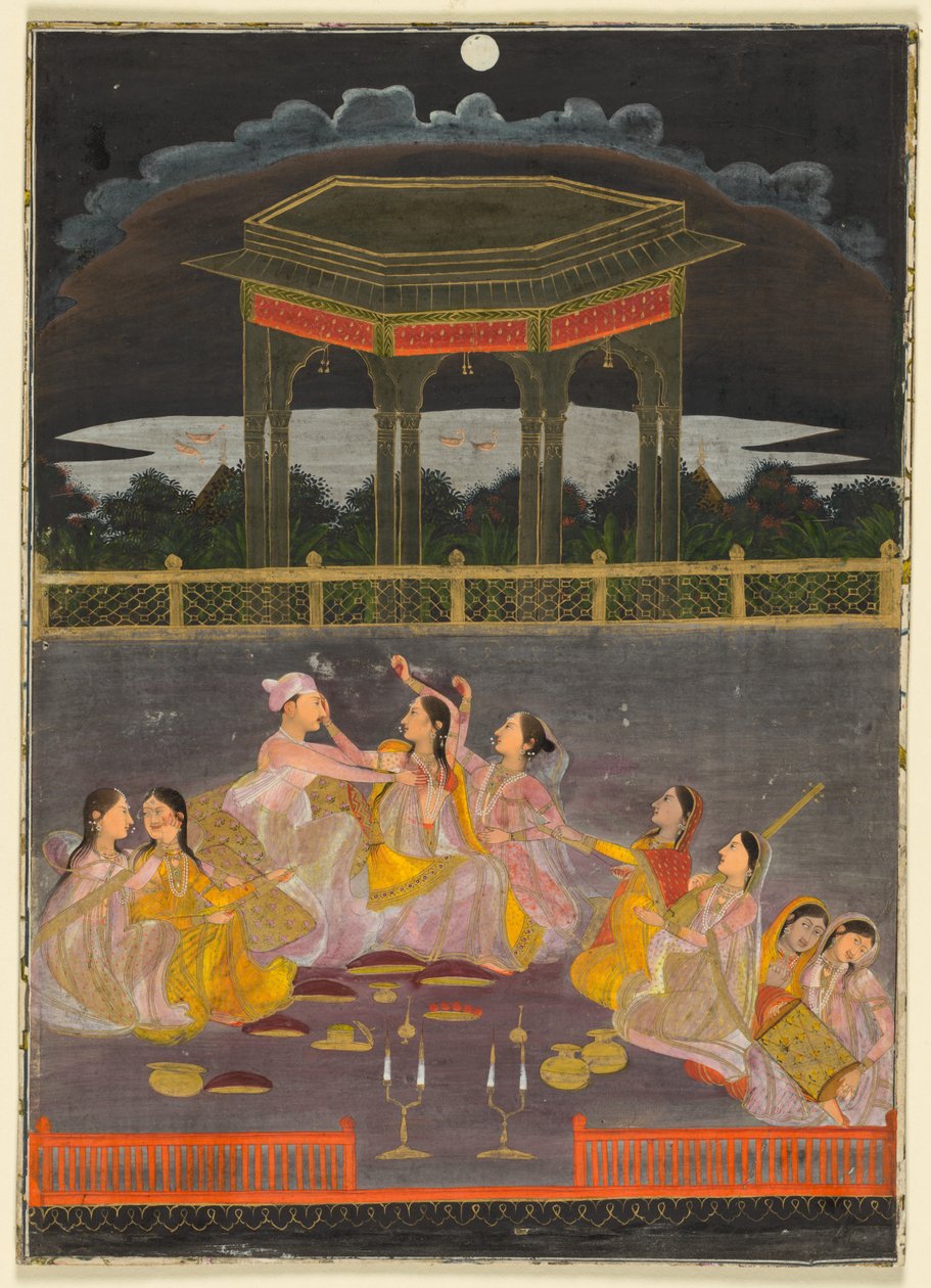Un prince célébrant Holi avec des femmes du palais sur une terrasse la nuit, vers 1760 - Unbekannt