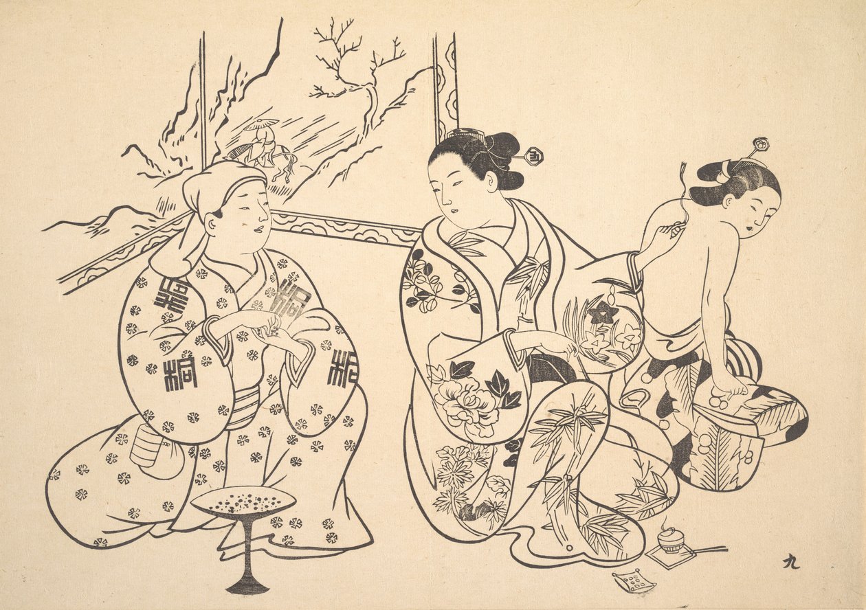 Une Oiran assise dans un salon applique le traitement au feu sur le dos nu d