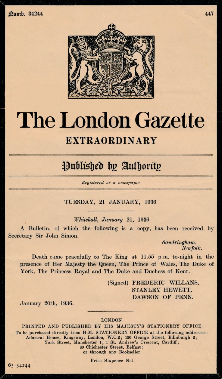 Un bulletin extraordinaire de la London Gazette annonçant la mort du roi George V, 1865-1936 - Unbekannt