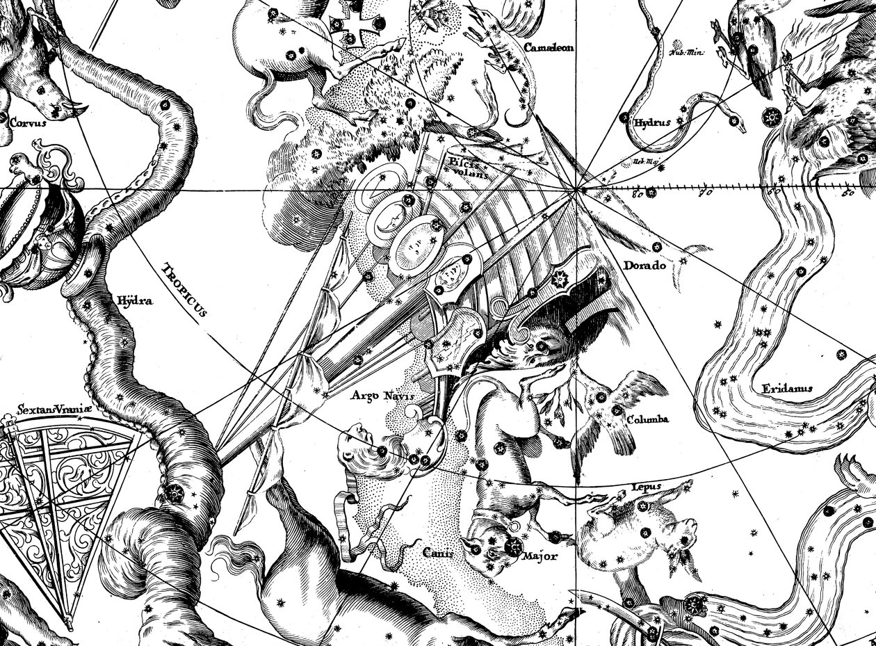 Carte astronomique, centrée sur la constellation sud de l
