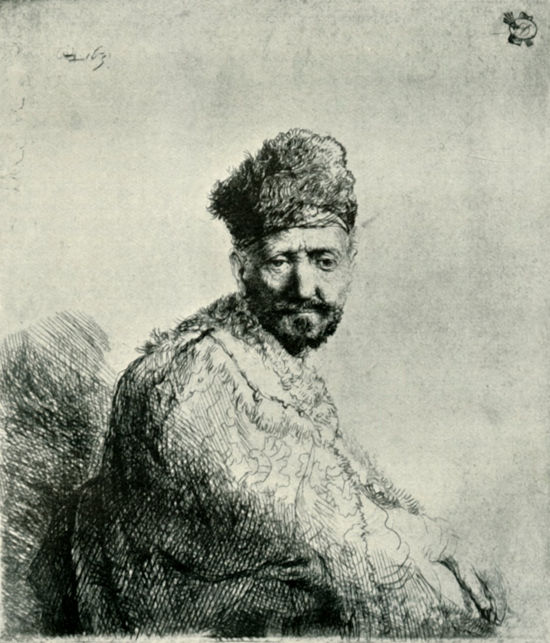 Homme barbu avec un bonnet oriental en fourrure et une robe : le père de l