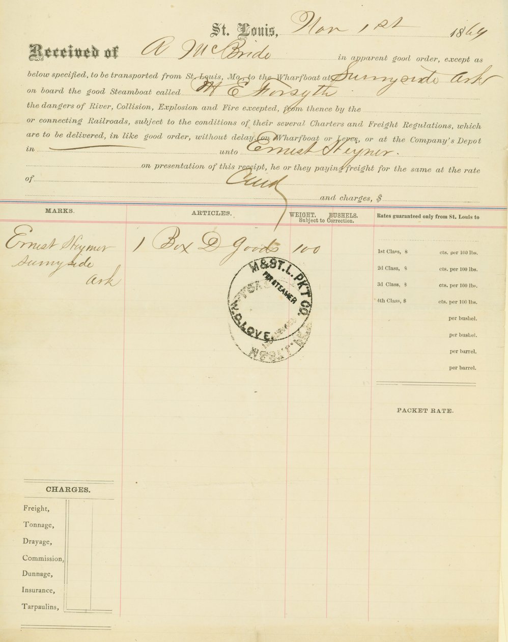 Connaissement, bateau à vapeur M[ary] E. Forsyth, Sunnyside, Arkansas, 1er novembre 1864 - Unbekannt