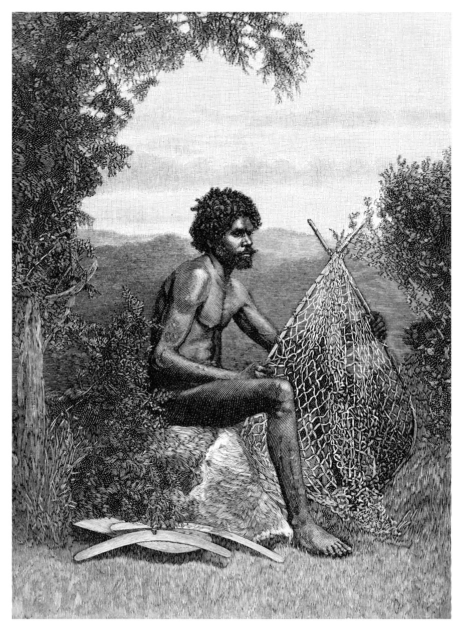 Aborigène réparant son filet, Australie, 1886 - Unbekannt