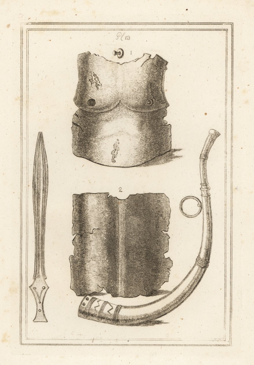Plastron et dos de cuirasse romaine ancienne 1,2, lituus romain ou trompette militaire 3 et ancienne épée en laiton 4 - Unbekannt