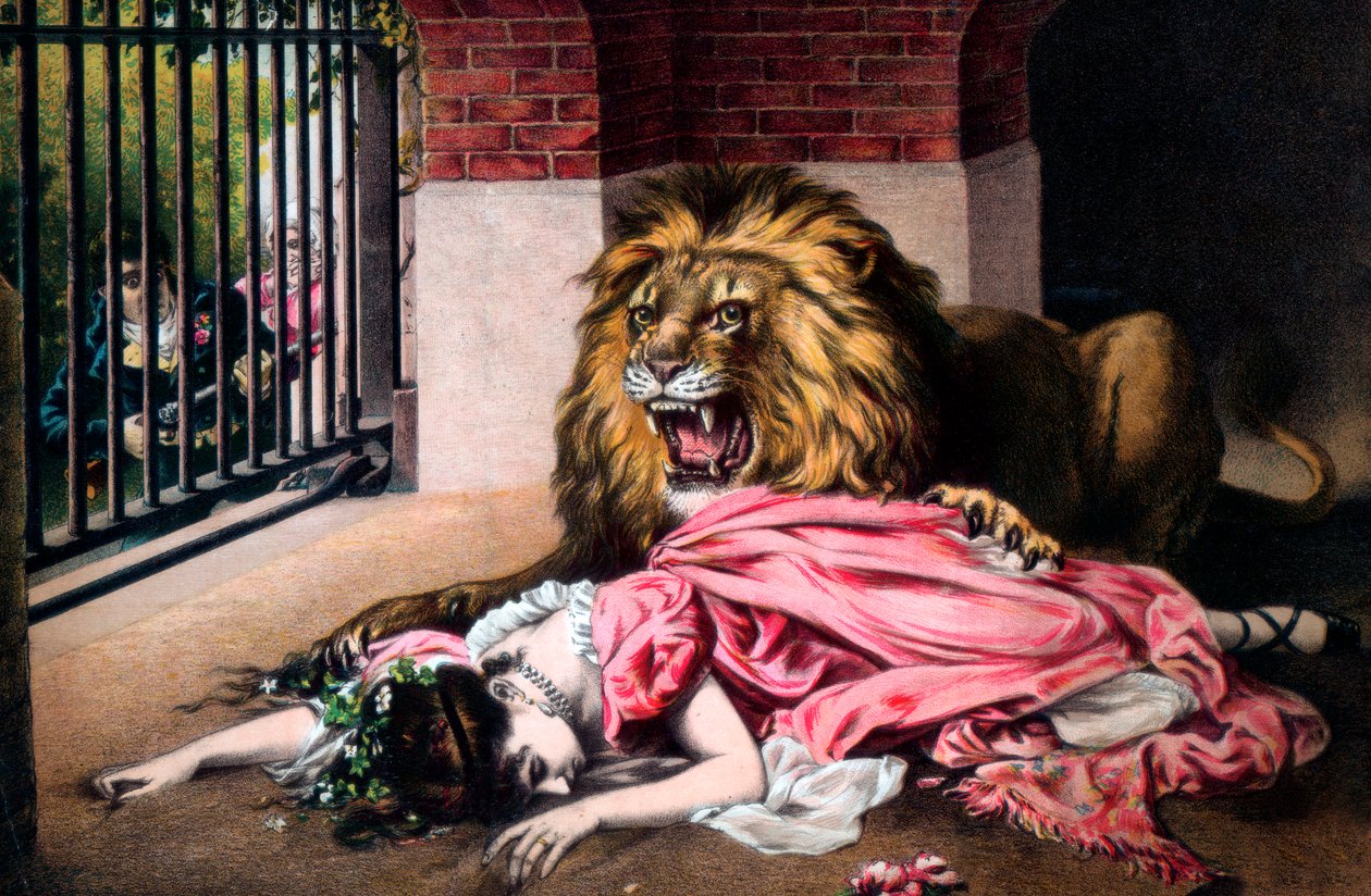 Lion en cage avec femme endormie, XIXe siècle - Unbekannt