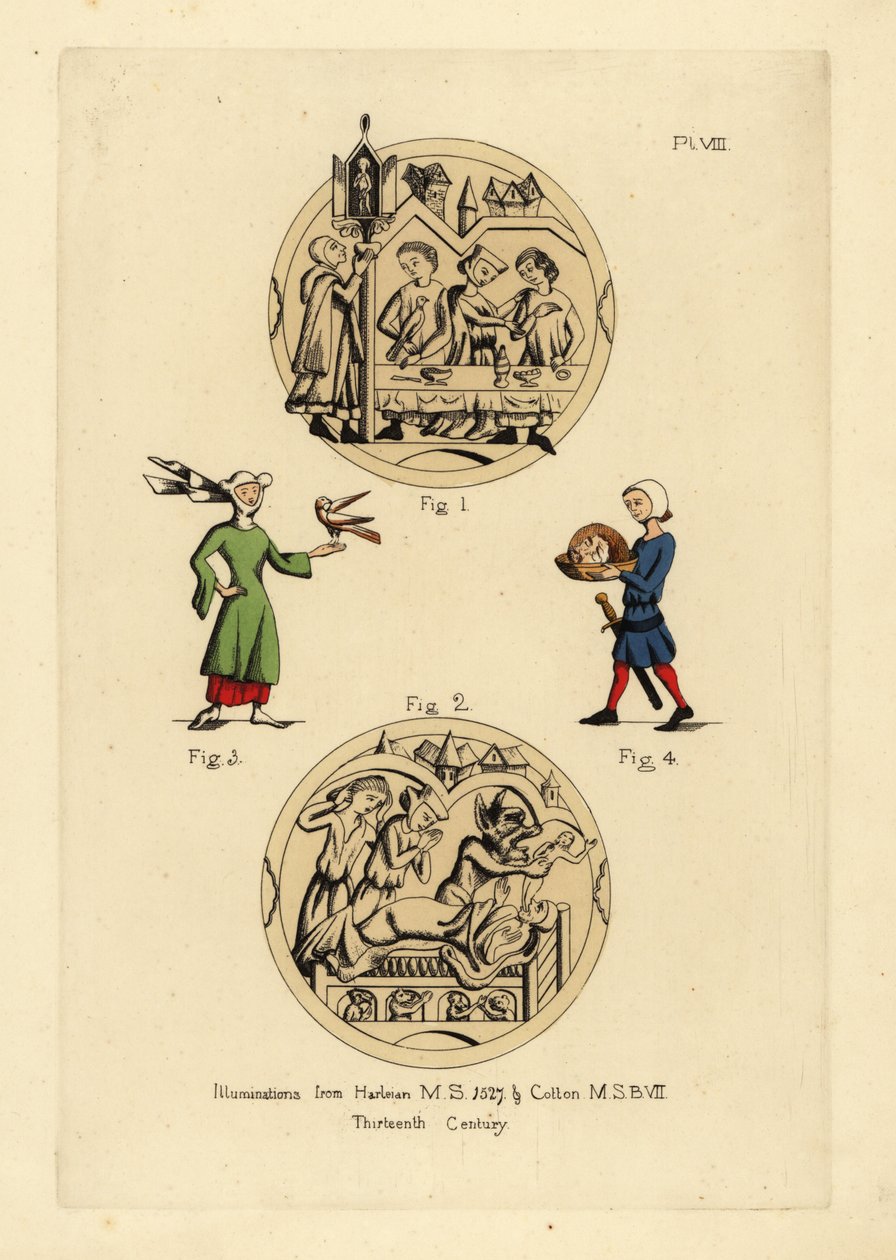 Festin avec des hommes en cyclas admonestés par un homme en coiffure légale et capuchon, scène de lit de mort avec le Diable prenant l